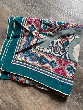 Vintage Ustunler Silk Scarf - Teal, Pink & Cream Gold Accent (32.5”x”34.5)